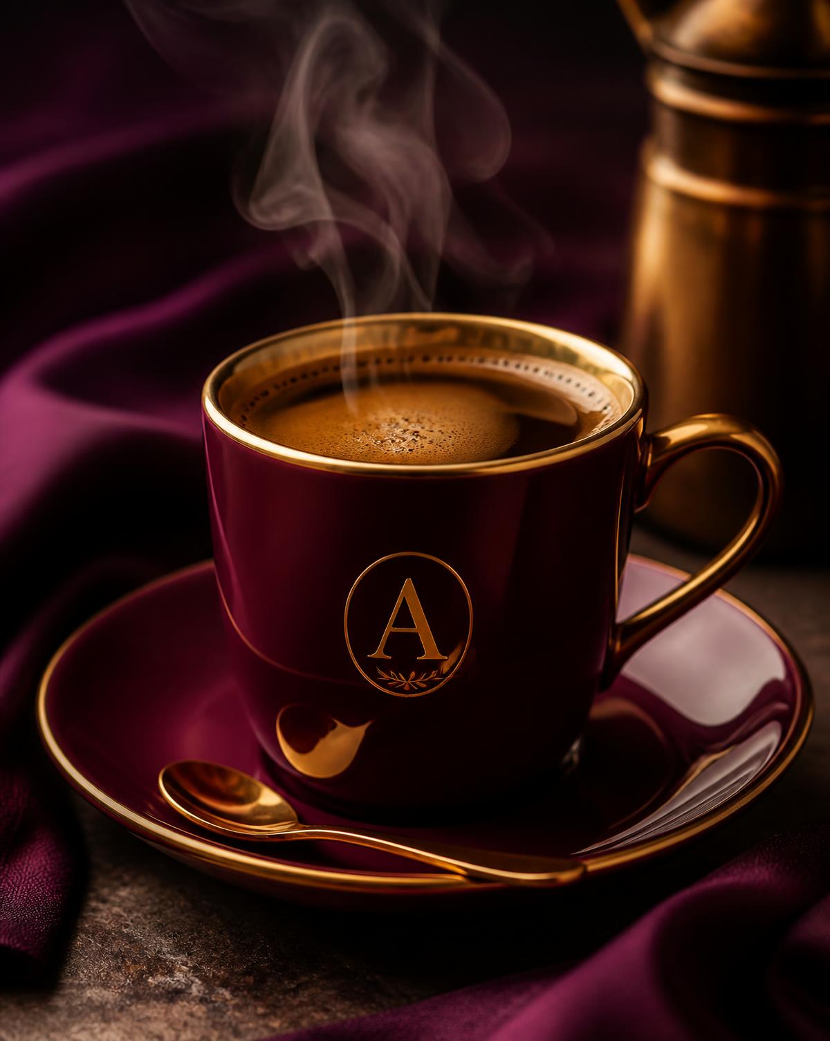 Burgundy and gold cup of espresso from The Velvet Cup