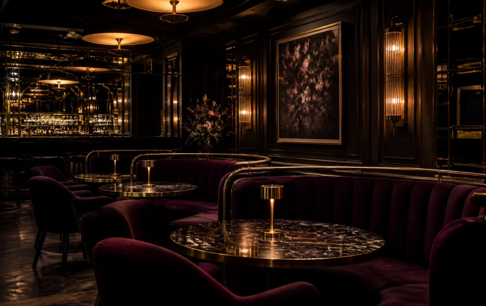 Interior of The Velvet Cup with plum velvet booths and brass lighting