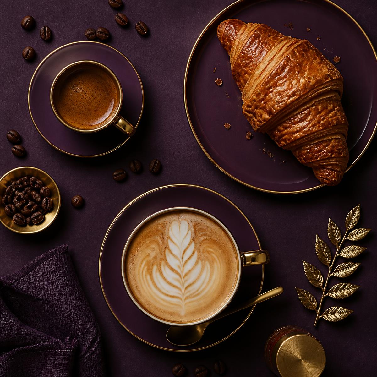 Espresso, latte art and a croissant on a plum table